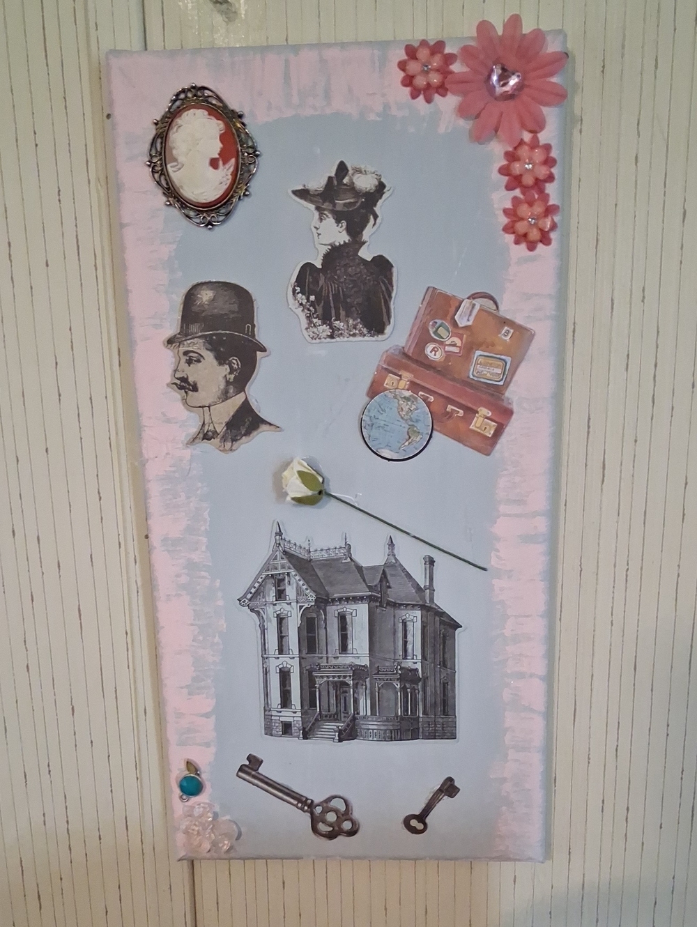 Vintage Collage Wall Art - Pink and Light Blue Decorative Plaque